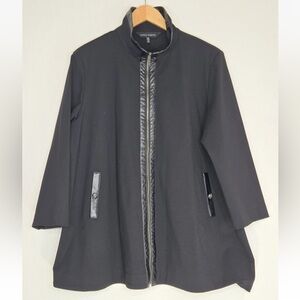 Ming Wang Zip Front Stretch Knit Jacket Synthetic Leather Trim Black Size XL